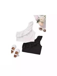 Eleganti top monospalla asimmetrici per bambina con volant nei colori bianco e nero