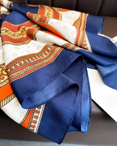 Detail of the chain pattern and G-letter print on this 90cm twill silk fashion scarf