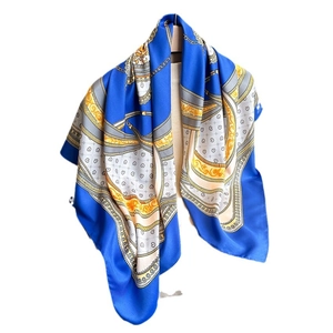 Fashionable 90cm royal blue silk square scarf with vintage chain and belt print pattern