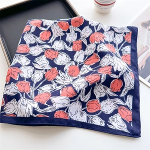 French chic dark blue silk square scarf with red tulip floral pattern and satin finish