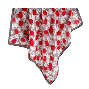 French style silk scarf featuring red tulip floral prints and charcoal grey border edges