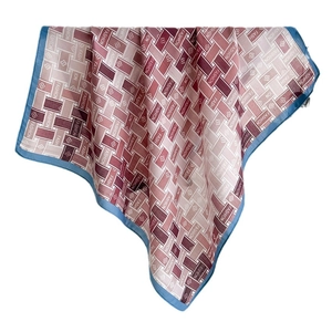 Vintage green silk-like square scarf with pink herringbone pattern and fashion logo