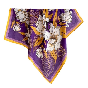 Elegant purple silk scarf with white lily print and yellow border for women accessories