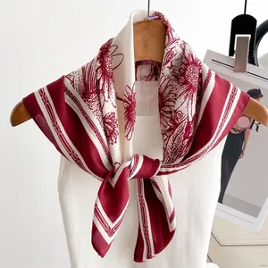 Vintage floral silk feel square scarf with red botanical print and herringbone texture