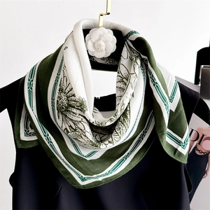 Vintage floral silk scarf with green botanical print and geometric striped border