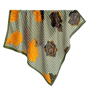 Fashionable houndstooth silk scarf with yellow rose print and green border