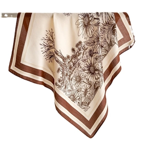 Vintage floral silk square scarf with brown sunflower patterns on cream white base