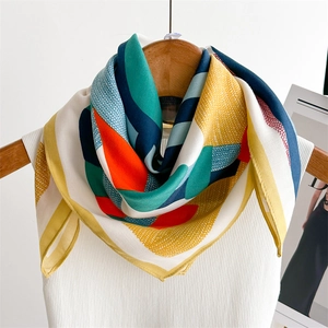 Orange pony and geometric print silk square scarf with elegant herringbone pattern