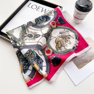 Elegant vintage chain and horse carriage print silk scarf in deep red and navy blue