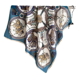Equestrian pattern silk scarf with vintage horse and chain print in navy and beige
