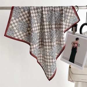 Elegant square silk scarf with grey-white houndstooth patterns and deep red borders