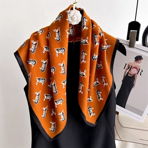 Elegant Women Square Scarf Polyester Satin Feel Herringbone Texture Carriage Print Contrast Border Vintage Necktie Headband