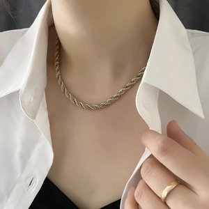 Minimalist titanium steel twisted rope necklace with mixed gold and silver finish for women