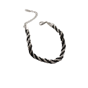 Unisex twisted titanium steel chain bracelet with black rope and silver lobster clasp