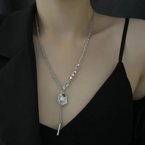 Collier Lariat En Acier Inoxydable Pendentif Coquillage Avec Fausse Künstliche Perle Et Zircone Chaîne Asymétrique Pour Femme Bijou Chic
