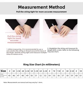Sizing guide for bow rings with finger measurement steps and size conversion chart