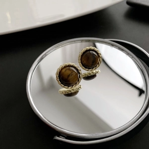 Vintage Round Tiger Eye Stud Earrings With Gold Plated Brass Rope Frame And 925 Sterling Silver Earring Post For Women
