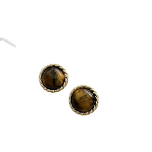 Vintage gold twisted rope stud earrings featuring round brown tiger eye stone inlays