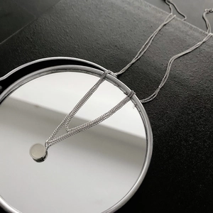 Minimalist double layer silver stainless steel necklace with white shell round pendant