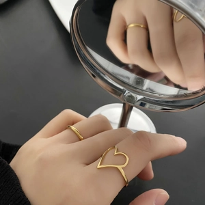 Bague Cœur Évidé Et Anneau Simple En Acier Titane Bijoux Minimalistes Pour Femmes Style Chic