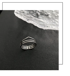 Macro shot of silver geometric two-piece ring set with hollow layered structure