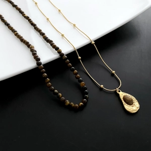 Collier Perles Œil De Tigre Vintage Pour Femmes Acier Inoxydable Plaqué Or Pendentif Goutte D'eau Bijoux Rétro