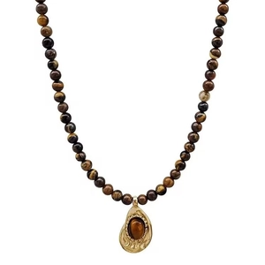 Collier en perles d'oeil de tigre vintage avec pendentif en métal doré chic