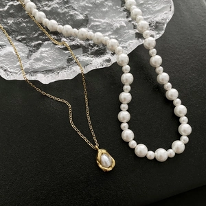 Elegant Double Layer Necklace Titanium Steel With Imitation Artificial Pearl Strand And Irregular Pendant For Women Gold Plated Minimalist Jewelry