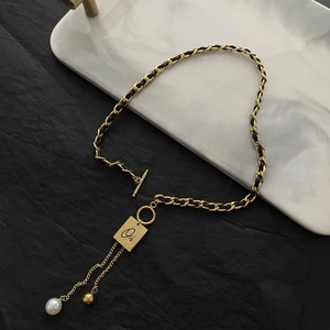 Women Fashion Titanium Steel Necklace With Leather Cord OT Clasp Oui Square Pendant And Artificial Pearl Tassel