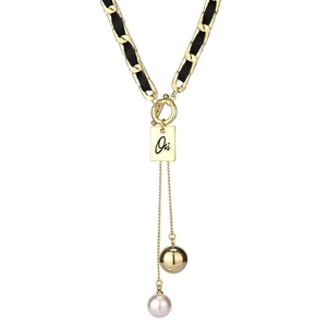 Elegant leather and gold titanium necklace with 'Oui' plaque and pearl tassel detail