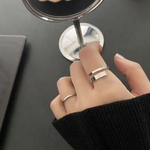 Minimalist silver titanium steel ring set with adjustable open band and sleek plain band