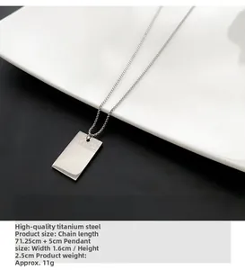 Detailed view of titanium steel square pendant necklace with dimensions and material specs