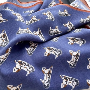 Square silk scarf with horse carriage pattern and herringbone texture in navy and orange