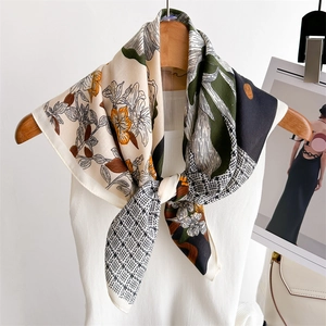 Floral Print Square Scarf Polyester Herringbone Pattern Elegant French Botanical Hair Bandana Shawl Neck Wrap Women