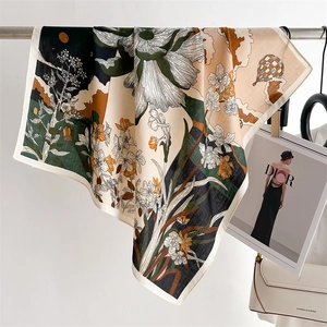 French floral silk square scarf featuring vintage botanical prints and hot air balloons