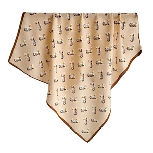 Elegant champagne square silk scarf with horse pattern print and brown rolled edges