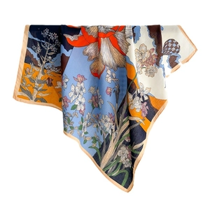 French floral square silk scarf with botanical print and elegant herringbone pattern drape