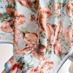 French style light blue silk scarf with vintage brown leaf prints and twill texture