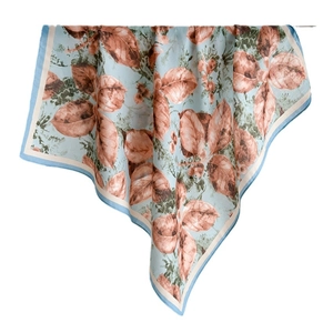 French pastoral silk scarf featuring autumn leaf prints and herringbone pattern for women