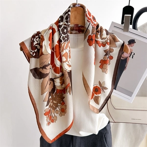 French Retro Floral Print Square Scarf Satin Feel Polyester Neck Scarf Headscarf For Women Vintage Fashion