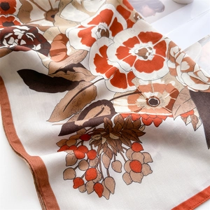 French vintage floral square scarf with herringbone texture and warm orange accents