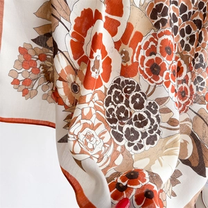 French vintage floral square scarf with elegant orange flower print on cream silk fabric