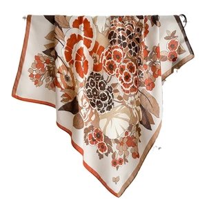 French vintage floral square scarf in orange and brown silk-like fabric with retro pattern