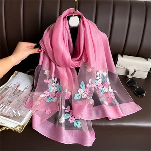 Pink silk blend scarf with exquisite floral embroidery and lace trim for women