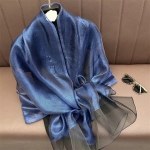 Elegant navy blue silk-blend scarf with sheer black organza trim for women