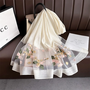 Detailed embroidery of pink and gold flowers on cream silk and organza scarf shawl