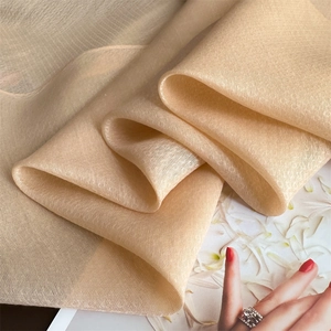 Close-up of champagne embroidered silk scarf with delicate mesh texture and metallic sheen
