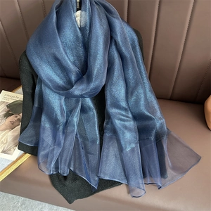 Detail of navy blue thin shawl with metallic glitter fabric and translucent silk texture