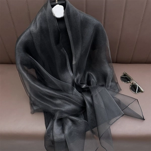 Close-up of lightweight black silk scarf with subtle shimmer on knitwear