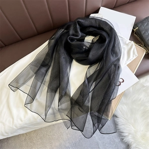 Close-up of lightweight black semi-transparent scarf with subtle glitter and soft texture